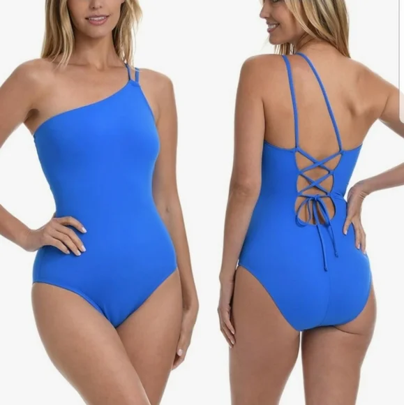 La Blanca Island Goddess Lace-Up Back One Shoulder One Piece Swimsuit NWT Capri